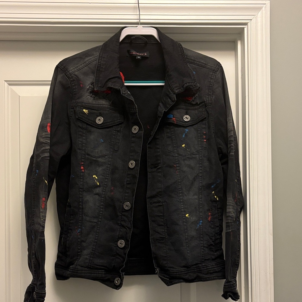 Black Jean Jacket with Multicolor Splash Multi Color Details